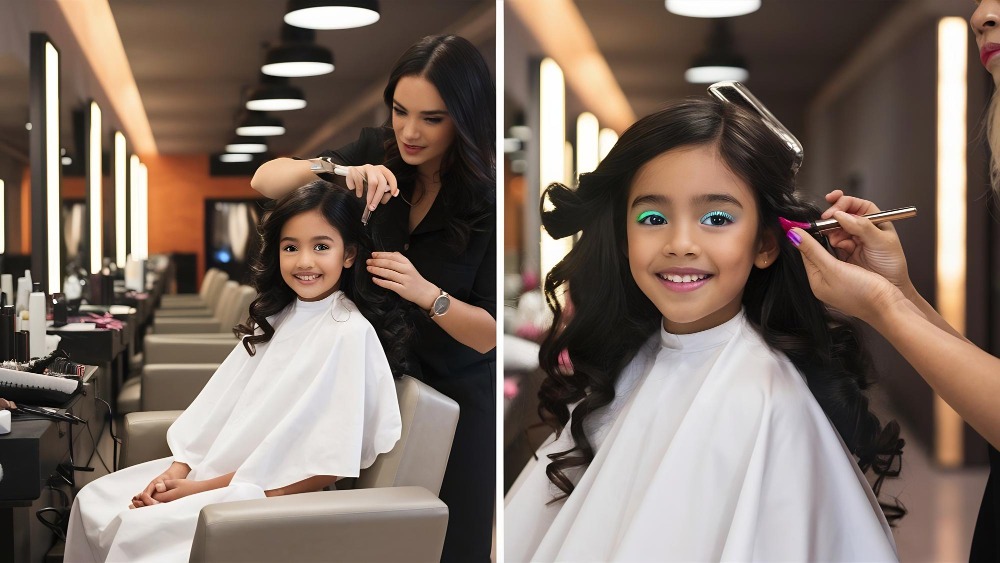 Child-friendly kids salon with colorful interiors and a professional stylist giving a gentle haircut to a happy child in a safe, fun environment.